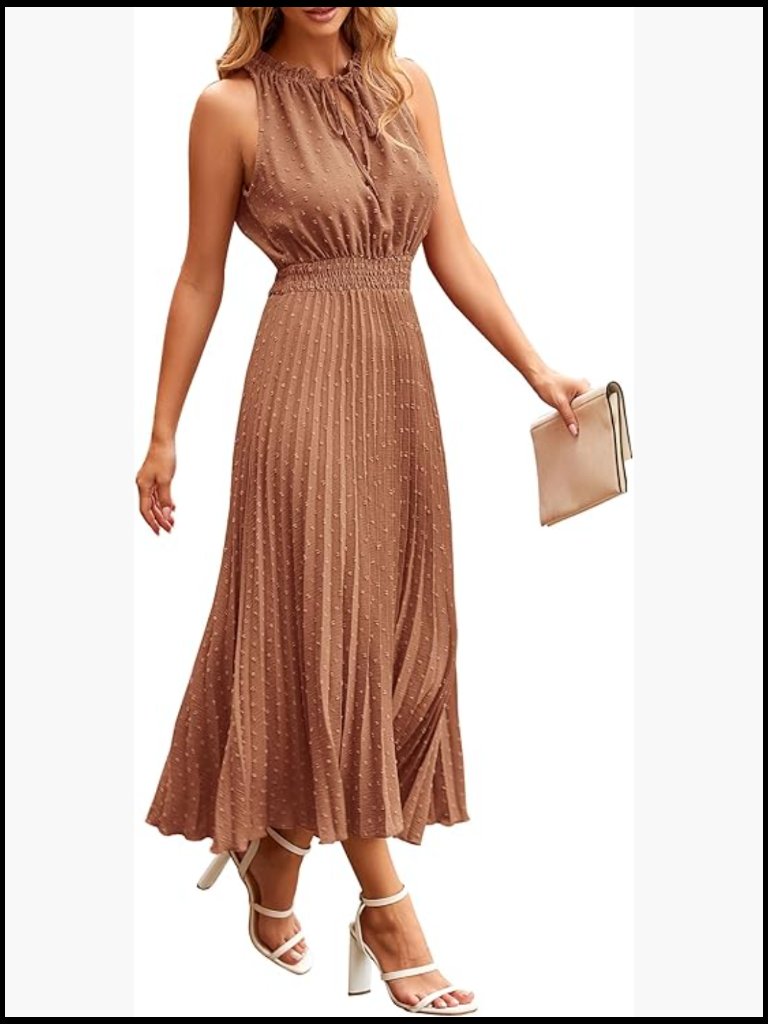 Women's Swiss Dot V Neck Midi Dress Sleeveless A Line Summer Beach Casual